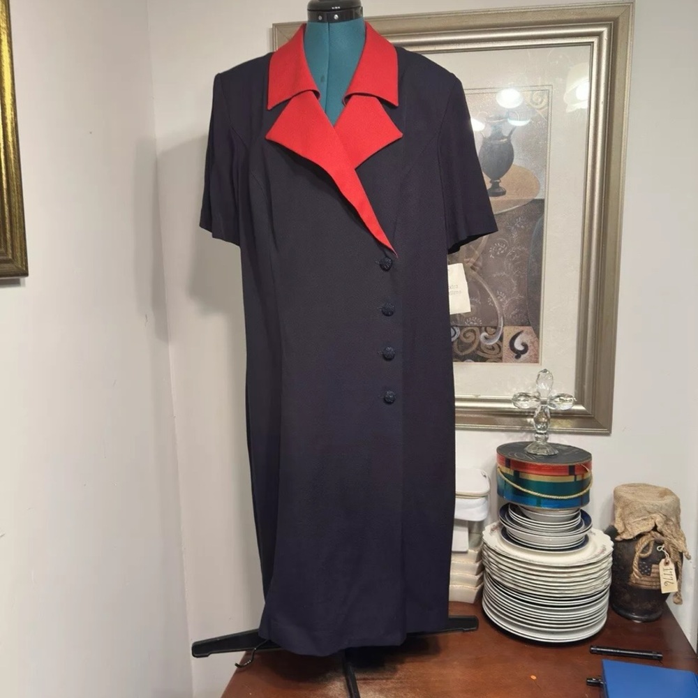 Vintage Bahari Group Navy Blue Unlined Short Sleeve Collared Wrap Dress Size 18W